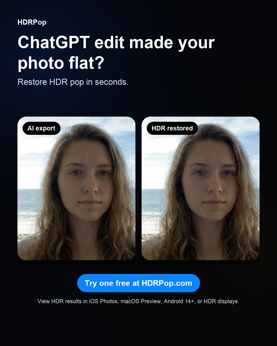 Before and after AI-edited photo with HDR restored