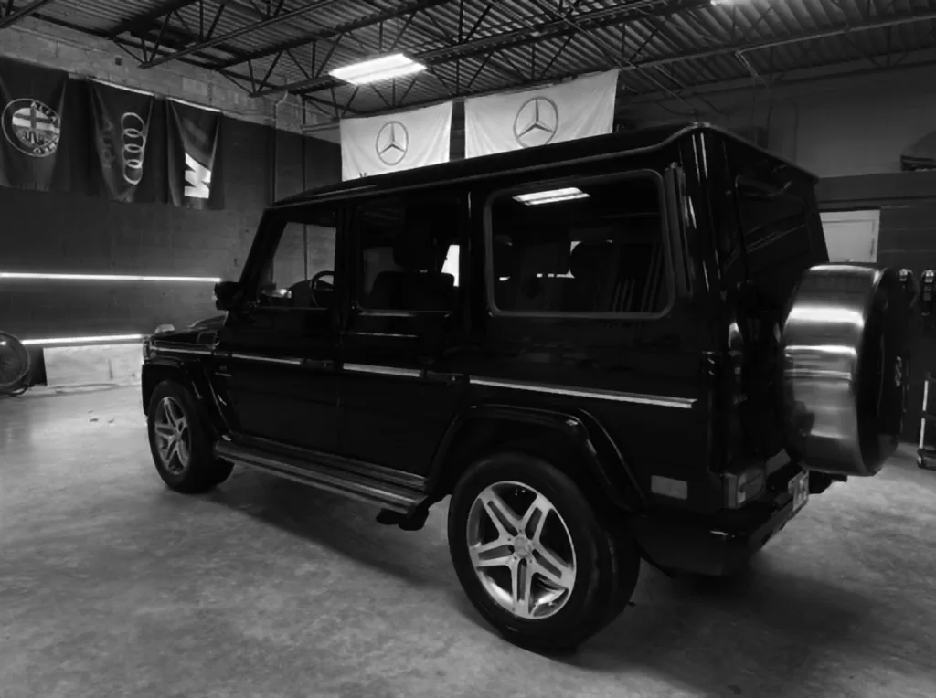 Grayscale gain map of the garage photo: ceiling lights, LED strip and chrome are light, the black paint is dark